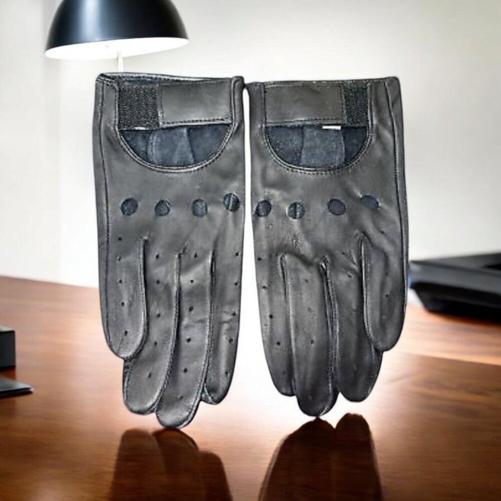 Vintage - Ladies Women's Black Genuine Leather Gloves Size Large Xs Front Strap